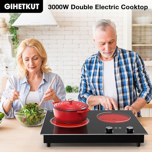 Electric Cooktop,1110V 2100W 2 Burner stove,Built-in & Countertop Stove Top with10 Heating Level, Timer & Kid Safety Lock, LED Knob Touch Control 2 Burner Electric Cooktop