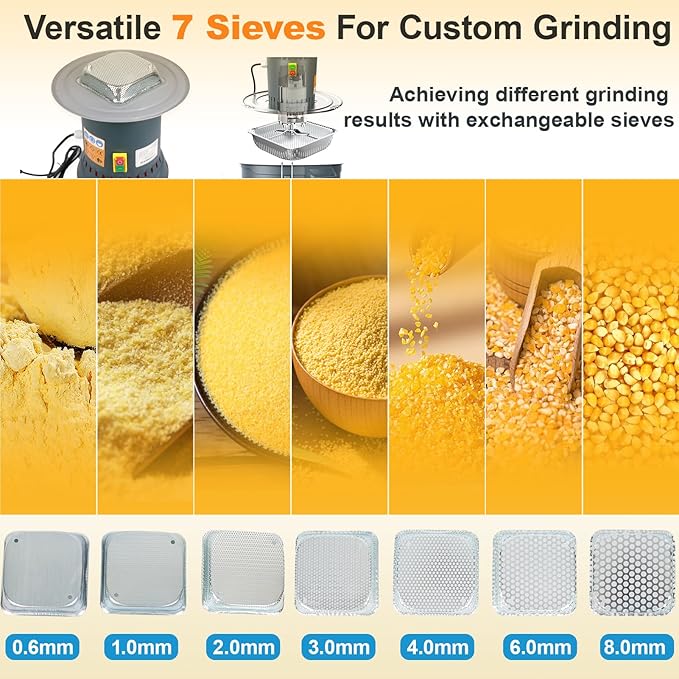 6.6 Gallons Corn Grinder Mill, Dry Grain Mill Grinders Electric, Farm Home Wheat Grinder for Spice Rice Feed Flour Cereals, 7 Sizes Sieves (25L)