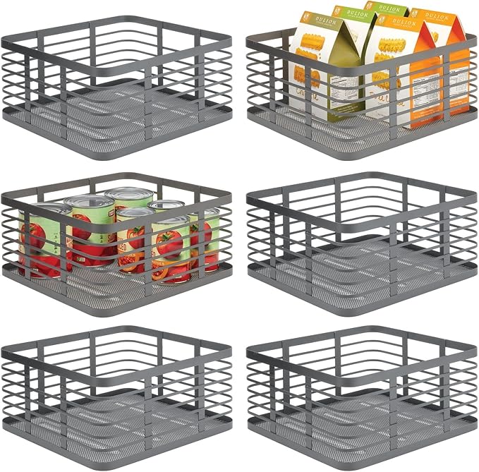 mDesign Steel Metal Wire Kitchen Food Storage Organizer Bin Basket for Pantry Organization - Wired Farmhouse Basket with Handle for Shelves - Carson Collection - 6 Pack, Dark Gray