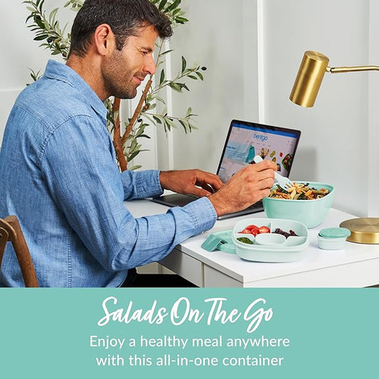 Bentgo Salad Container - 54 oz Bowl with 4-Compartment Toppings Tray, Leak-Proof Dressing Container, Reusable Fork, BPA-Free Lunch Box for Meal Prep & Food Storage; Removable Bento Tray (Coastal Aqua)