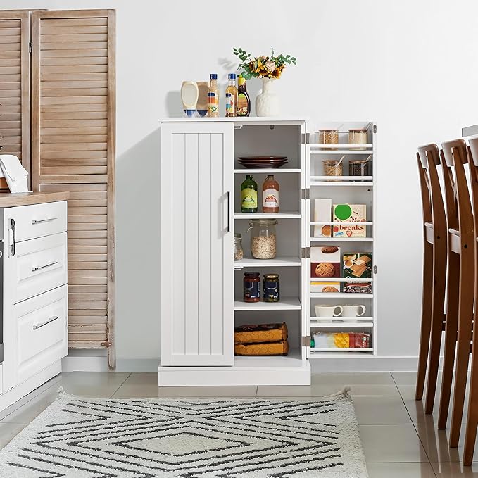 Yaheetech Kitchen Pantry Storage Cabinet, 41" Pantry Cabinets with Doors and 6 Adjustable Shelves, Freestanding Pantry Cupboard for Kitchen, Dining Room, Living Room, Small Place, White
