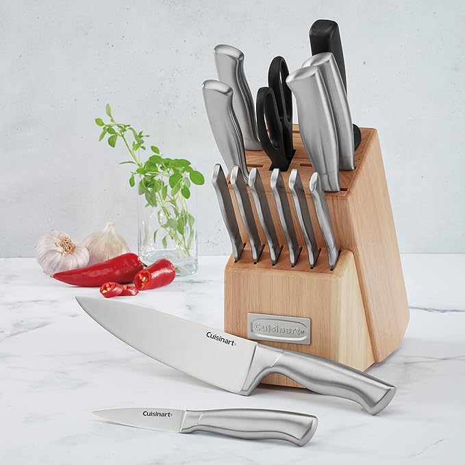 Cuisinart Block Knife Set 15pc Cutlery Knife Set with Steel Blades for Precise Cutting, Lightweight, Stainless Steel Durable& Dishwasher Safe, Natural