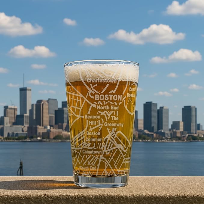 Greenline Goods – Boston, MA Map Pint Beer Glasses (Set of 2), 16 oz – Etched Wrap Design