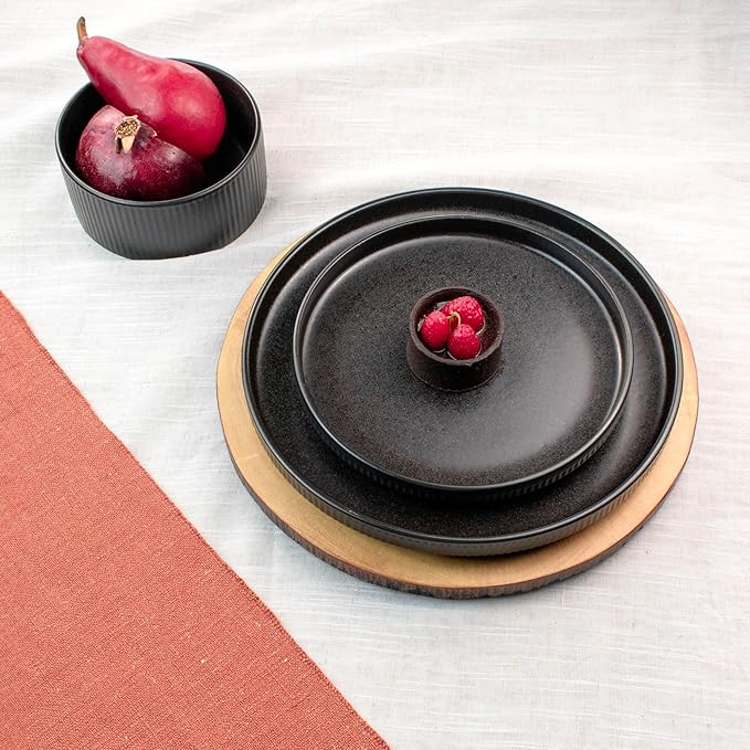 Sango 12 Pieces Stoneware Fluted Dinnerware Set, Modern Black Dishes for 4, Premium Serving Plates and Bowls Sets, Chip & Scratch Resistant, Ceramic Kitchen Dish, Microwave & Dishwasher Safe, Anderson