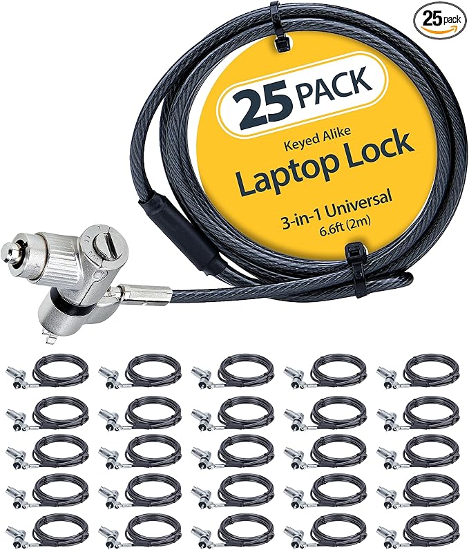 StarTech.com 25-Pack Universal Laptop Lock 6.6ft (2m), Keyed Alike Security Cable, Compatible with Noble Wedge/Nano/K-Slot, TAA