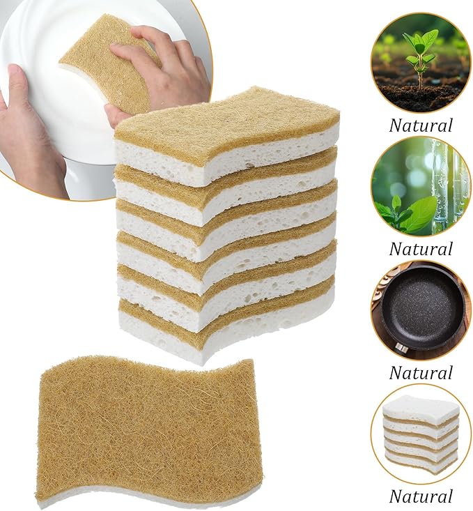 36PCS Natural Kitchen Sponges, Compostable Cellulose Scrubber Sponge, Eco Friendly Coconut Scrubber Dish Sponges for Pots Pans Cleaning, Household Cleaning Sponge for Dishes