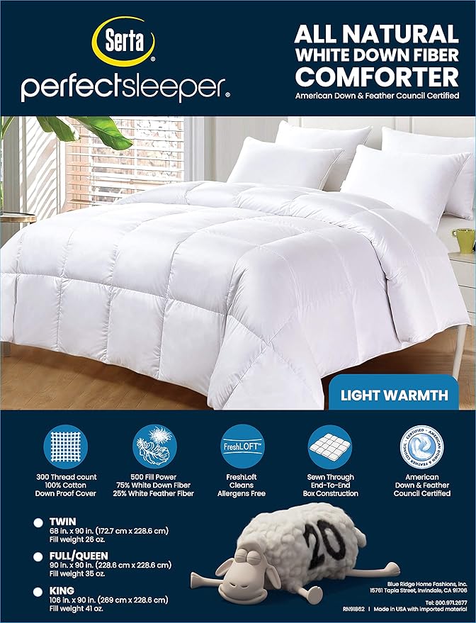 Serta Down Fiber Comforter Queen Size-Lightweight Duvet Insert, Luxury Fluffy Bed Comforter 100% Cotton 300 Thread Count Shell, Down Feather Fiber 500 Fill Power with Corner Taps, White 90x90inch