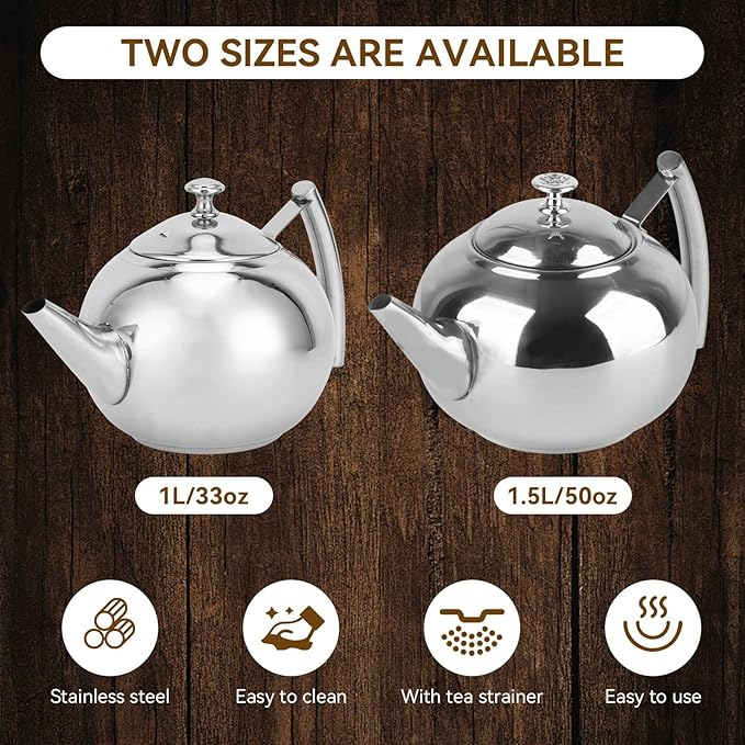 Stainless Steel Tea Pot with Infuser, Tea Pot with Removable Infuser For Loose Leaf and Tea Bags Metal Tea Kettle with Filter Stovetop Tea Maker Brewing Loose Leaves and Tea Bags (1L)