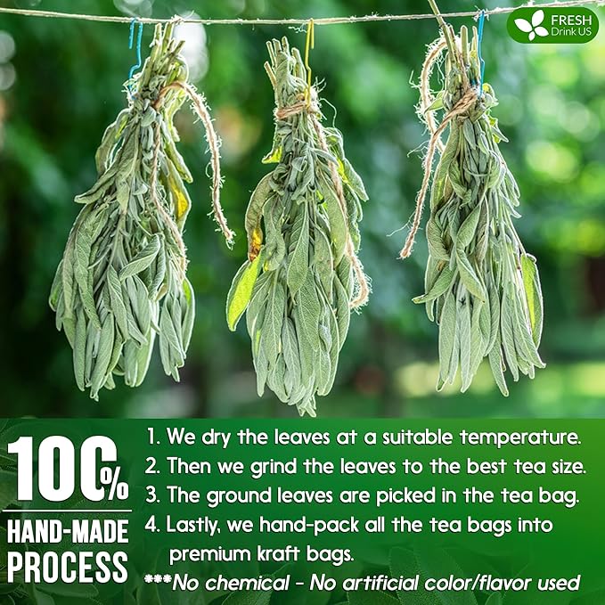 FreshDrinkUS, Premium 35 Sage Leaf Tea Bags, 100% Natural & Pure from Sage Leaves. Loose Leaf Herbal Tea. Made with Natural Material Tea Bags. No Sugar, No Caffeine, No Gluten, Vegan.