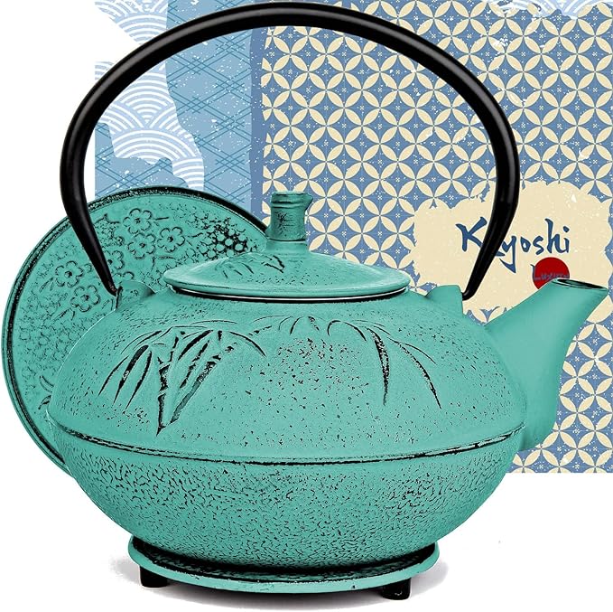 XXL Japanese Cast Iron Teapot with Infuser & Matching Trivet - Large 85 Oz/2500ml Tetsubin Loose Leaf Tea Pot with Enamel Interior - Handcrafted Big Cast Iron Tea Kettle Humidifier Set - Green