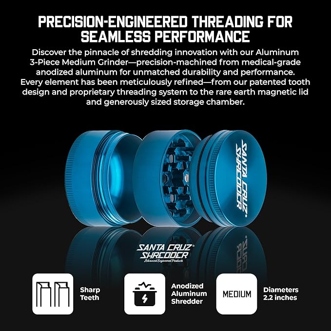 Santa Cruz Shredder Metal Spice Grinder Knurled Top for Stronger Grip 3-Piece Medium 2.2" (Teal)