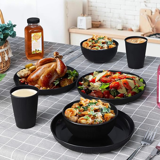 Wheat Straw Dinnerware Sets, Kitchen Unbreakable Wheat Straw Plates and Bowls Sets for College Dorm Apartment Reusable Black 12pcs