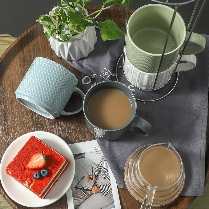 Stackable Coffee Mugs with Stand, 15 Ounce Ceramic Embossed Mugs Set of 4 for Coffee, Latte, Tea, Cute Porcelain Cups for Christmas Gift, Dishwasher & Microwave Safe, Multi Color