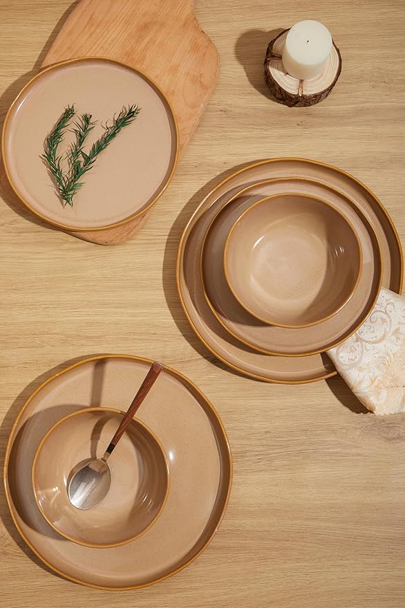 Ceramic Dinnerware Set for 4,Reactive Glaze Plates and Bowls Sets,Microwave Safe,Chip-Resistant Dish Set,Perfect for Modern Dining,Farmhouse Style (Cappuccino, Service for 4 (12pcs))