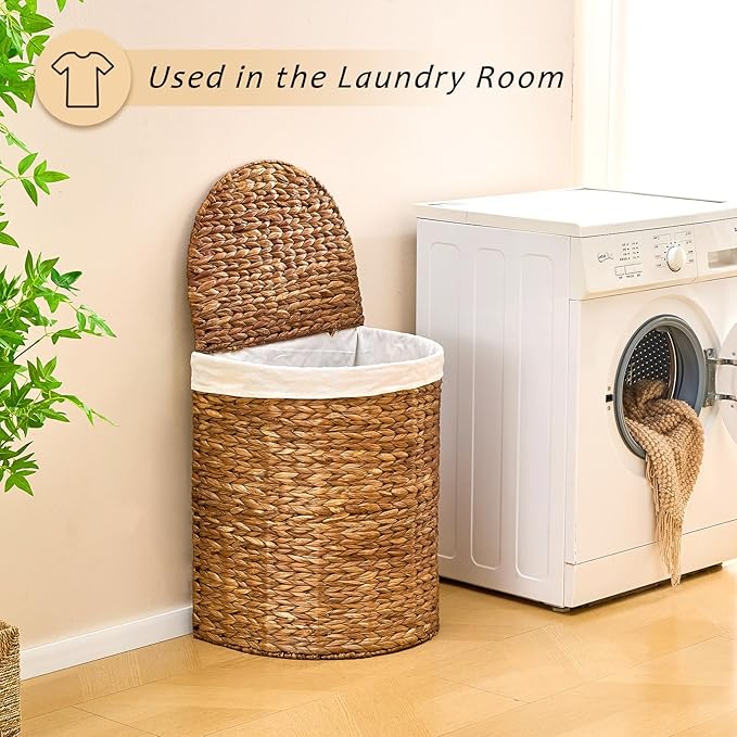 Water Hyacinth Laundry Hamper with lid, Half Moon Shape with 2 Removable Cloth Bags, Handwoven Boho Wicker Basket for Laundry Organization, Espresso