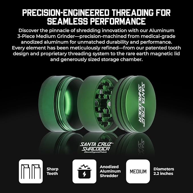 Santa Cruz Shredder Spice Grinder 3 Piece Medium 2 1/8" Superior Grip and Aluminium (Green)