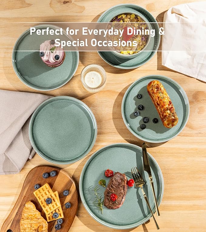 GBHOME Stoneware Dinnerware Sets for 4,Round Reactive Glaze Ceramic Plates and Bowls Set,Highly Scratch Resistant | Dishwasher & Microwave Safe Dishes Set,Service for 4(12Pcs),Malachite Green