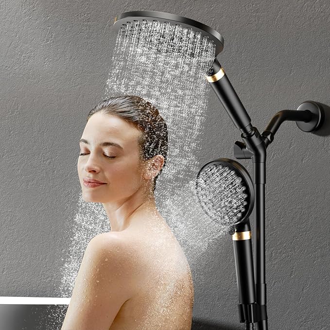 Filtered Rainfall Shower Head with Handheld Spray Combo, Dual Shower Head Combo High Pressure, Double Sprayer Filter Shower Head with Extra Long Hose & Adjustable Shower Arm (Black)