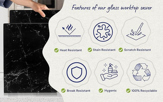 Glass Cutting Board 16"x12": Tempered Glass Kitchen Counter Protector - Durable- Scratch-Resistant, Heat-Proof - Design 1 - Black Marble Effect