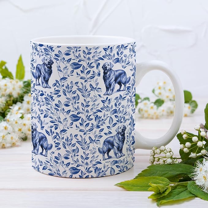 Golden Retriever Blue French Toile Coffee Mug, Golden Retriever Lover Gifts for Women, Blue Toile Coffee Cup for Goldens Mom, Birthday Gifts for Dog Mom, Dog Dad, 15 oz