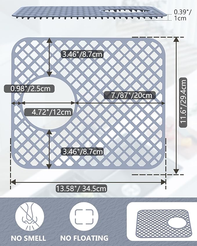 2 Pack Silicone Sink Protectors for Kitchen Sink, Lozenge Pattern 13 x 11 Inches Sink Mat, Non-Slip and Durable Sink Protector Silicone, Rear Drain, Gray