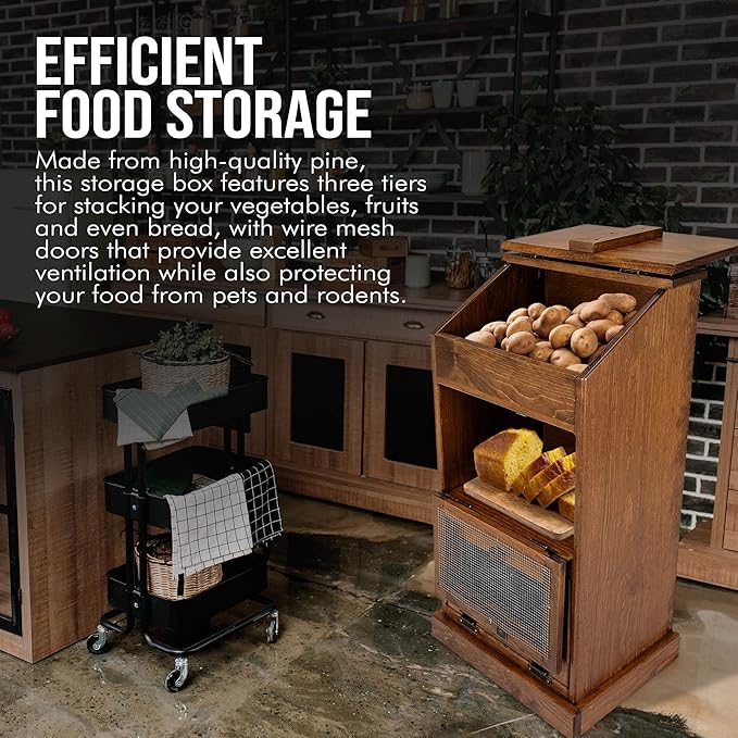 Peaceful Classics Potato Storage Wood Box, Wooden Bread Storage Bins, Decorative Potato Onion Storage Bin, Potato Bin w/Grocery Section, Wooden Vegetable Storage w/Lid Kitchen Pantry, Cherry KS302C