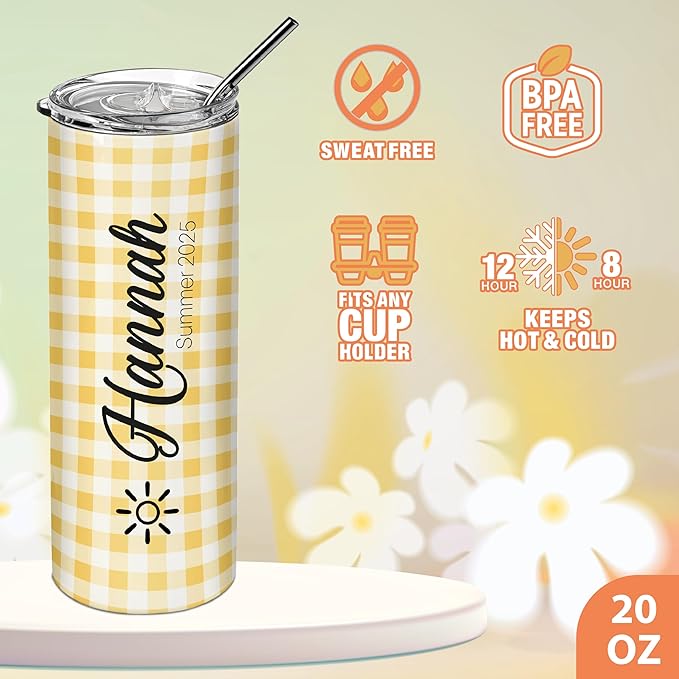 Personalized 20 Oz Skinny Tumbler - Customizable with Name & Icon, BPA-Free Stainless Steel, 6 Color Styles, Includes Straw - Custom Gifts for Summer