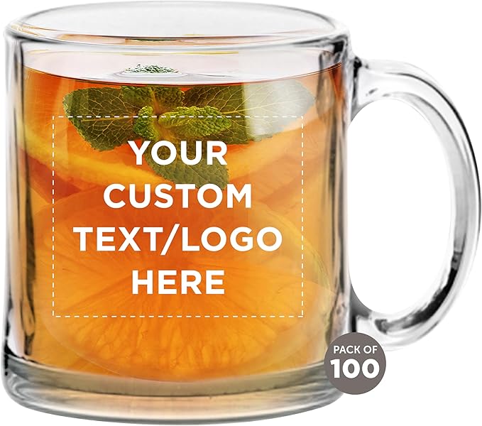 Custom Libbey Clear Glass Coffee Mugs 13 oz. Set of 100, Personalized Bulk Pack - Perfect for Coffee, Tea, Espresso, Hot Cocoa, Other Beverages - Clear Bottom