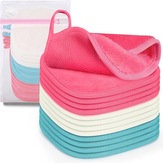 12 Pack Makeup Remover Cloth, 6" x 6" Reusable Makeup Remover Towels Face Washcloth for Washing Face, Makeup Remover Pads Cosmetic Face Wash (Pink-White-Blue)