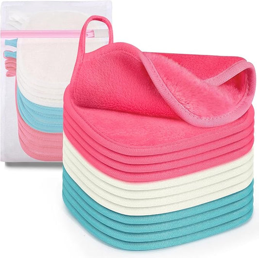 12 Pack Makeup Remover Cloth, 6" x 6" Reusable Makeup Remover Towels Face Washcloth for Washing Face, Makeup Remover Pads Cosmetic Face Wash (Pink-White-Blue)