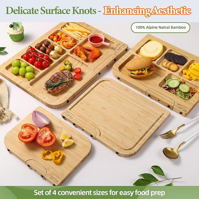 3-PCS Bamboo Cutting Board Set, Wood Cutting Board for Kitchen with Innovative Stand, Juice Groove & Handle, Double Sided for Chopping & Charcuterie Board, Kitchen Gift for Home Cooks, For Meat &Fruit