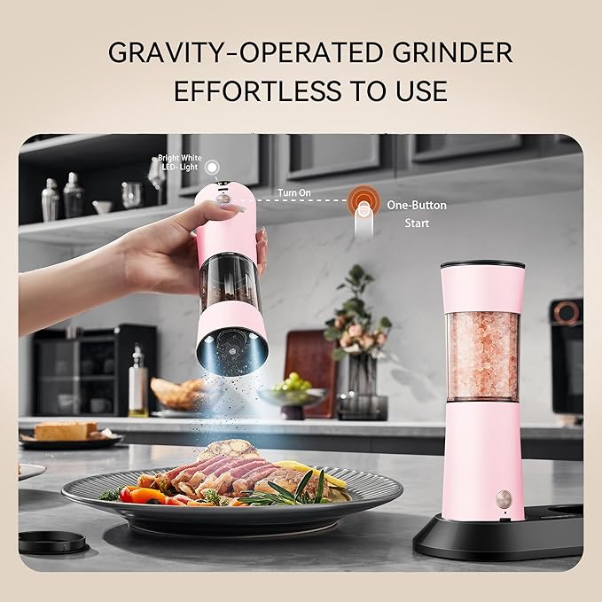 Gravity Electric Salt and Pepper Grinder Set 2-Pack, USB-C Rechargeable with LED Light, Automatic Stainless Steel Mills for Kitchen, BBQ, Dining Table & Gifts - Petal Pink