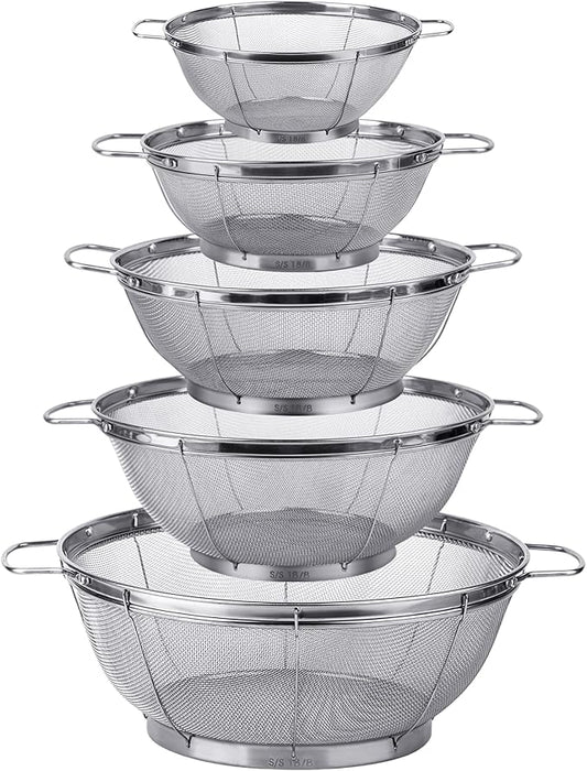 5 Pack 18/8 Stainless Steel Colander Sieves, Multi Size Mesh Strainer Net Baskets with Handles & Resting Base for Strain, Drain, Rinse or Steam