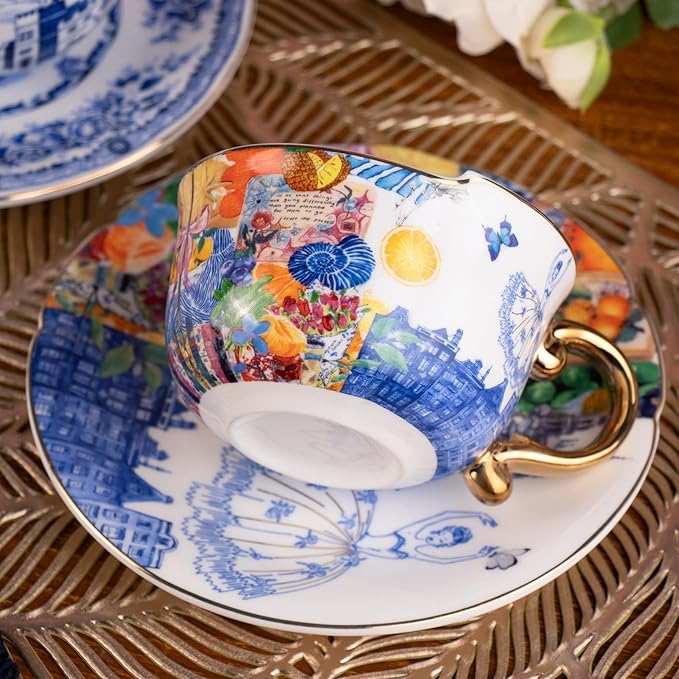 KAMMAK Tea Cups and Saucers Set of 2, Fine Bone China Coffee Cups, 8.5-Ounce Stackable Espresso Mugs, Ceramic Demitasse for Coffee, Cappuccino, Latte, Americano, Tea, Dream Ballet