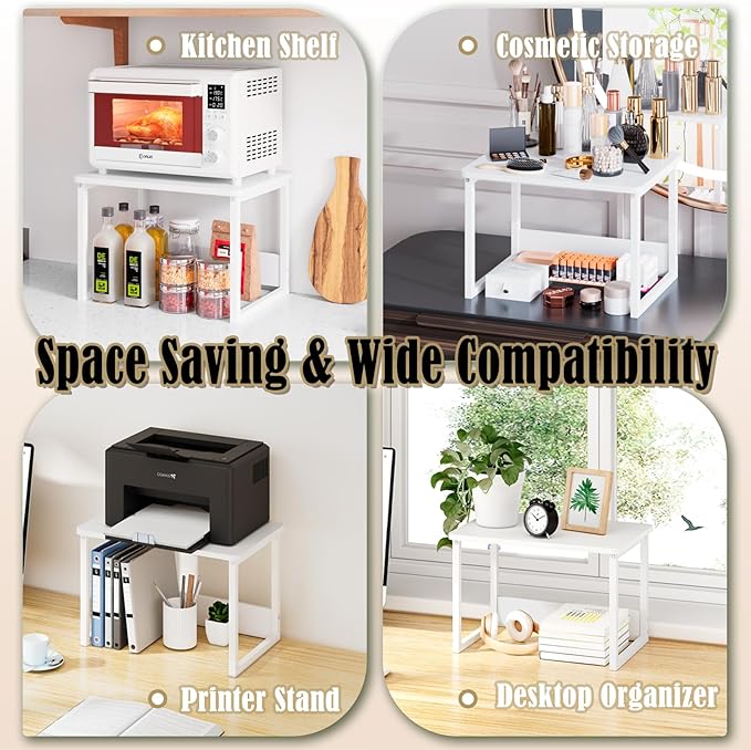 MARTY Kitchen Countertop Organizer Cabinet Shelf, 17x12.4 Large Spice Racks Counter Shelf Microwave Oven Rack Desktop Storage Organization for Kitchen, Office, Metal & Wood, White