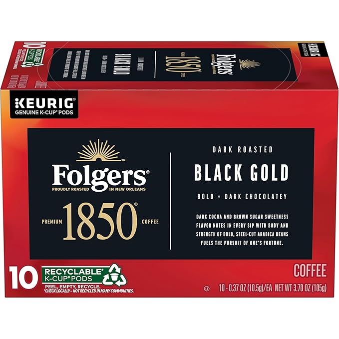 1850 by Folgers Black Gold Dark Roast Coffee, 10 Keurig K-Cup Pods