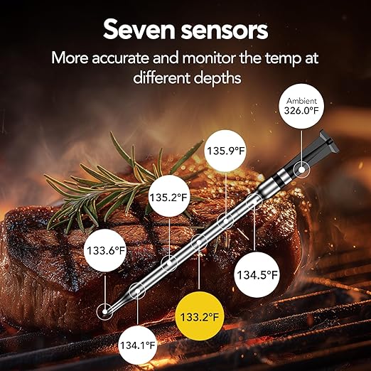 Premium WiFi sub-1G Wireless Meat Thermometer with Unlimited Range, 7 NIST-Certified Sensors, IP68 Waterproof, APP& Smart Magnetic Digital Base for BBQ, Grill, Oven & Smoker (1, Grey, Small)