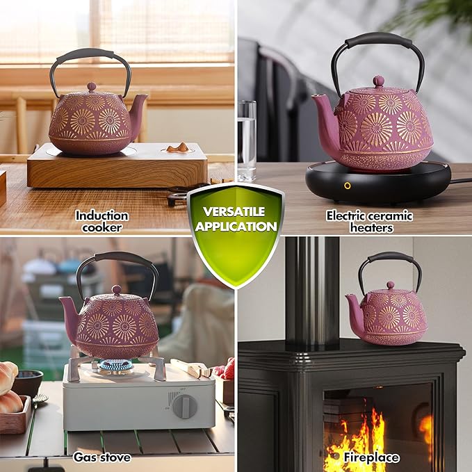 Cast Iron Teapot, 40oz Tea Kettle with Infuser for Stove Top, Sakura Design Japanese Tea Pot for Loose Leaf Coated with Enameled Interior, Silicone Handle 1200ml Pink