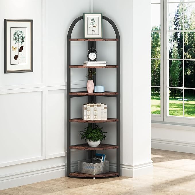 Tribesigns 6 Tier Corner Shelf, 71 inch Tall Corner Bookshelf for Small Space, Rustic Plant Stand Display Rack for Living Room, Home Office, Kitchen