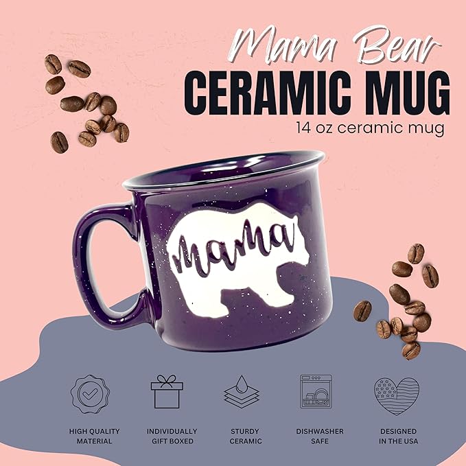 Mama Bear Ceramic Coffee Mug for Mom, Wife, Women – Unique Plum Ceramic Mug – Fun Gifts for Her on Mother’s Day, Birthday, or Christmas – Cute Coffee Cup for Moms, Wives, and Coffee-Loving Women