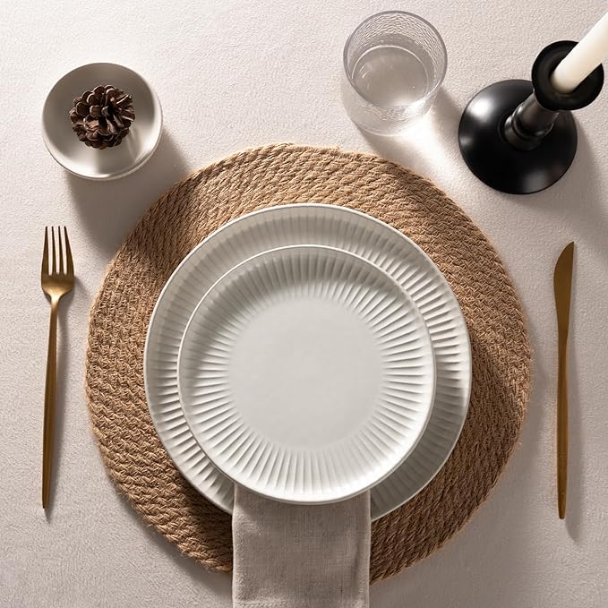 Famiware Starlight Dinnerware Sets, Plates and Bowls Dish Set of 4 (12 Pieces), Ribbed Textured Tableware - Dishwasher & Microwave Safe, Chip Resistant, Reactive Glaze, Matte Reactive White