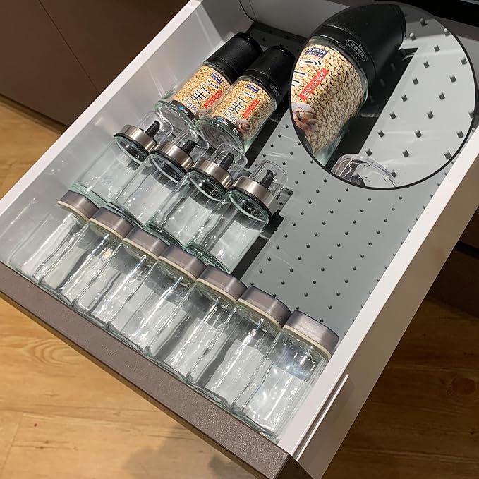 Gosmol Spice Drawer Organizer insert, Adjustable & Non-Slip Silicone Spice Drawer Liner, in Drawer Spice Organizer for Seasoning Jars and Spices Bottles -Grey
