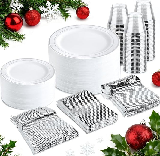 bUCLA 300PCS Silver Disposable Plastic Dinnerware Set - 50 Guests White Silver Disposable Plates Include 50 Dinner Plates,50 Dessert Plates,50 Knives,50 Forks,50 Spoons,50 Cups for Party & Christmas