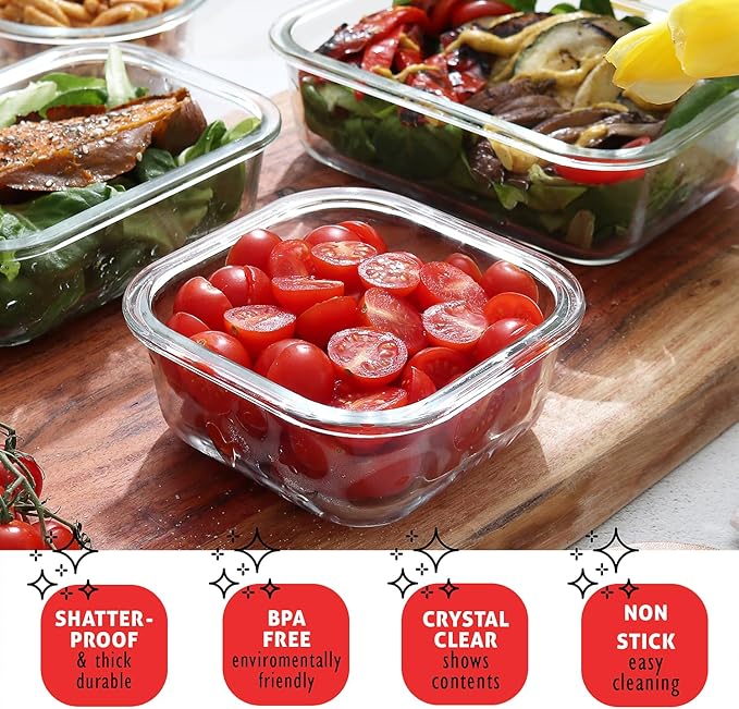 EATEX 16pc Glass Food Storage Containers with Lids, Airtight Glass Meal Prep Containers, 8 Reusable Food Storage Bins with 8 Leakproof Snap Lock Lids, Oven Microwave Freezer Safe Lunch Containers