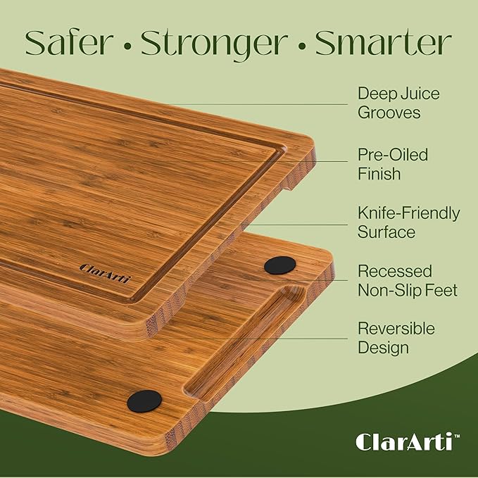 Organic Bamboo Cutting Boards for Kitchen – Set of 3 Non-Toxic Wood Cutting Board with Non-Slip Design – Durable Anti-Slip Bamboo Boards for Chopping & Serving