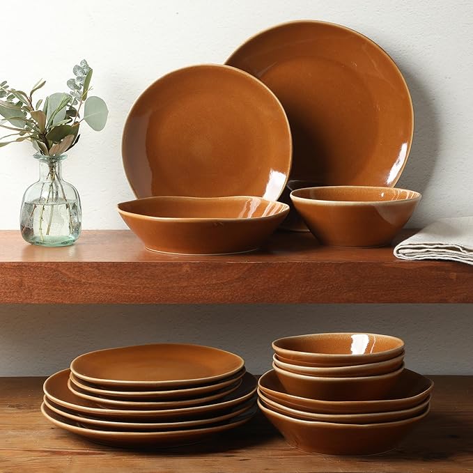 Bloomhouse - Two Time Oprah's Favorite Things Winner - Montecito Breeze 16 Piece (Service for 4) Double Plates and Bowls Stoneware Reactive Glaze Dinnerware Set - Terracotta Canyon