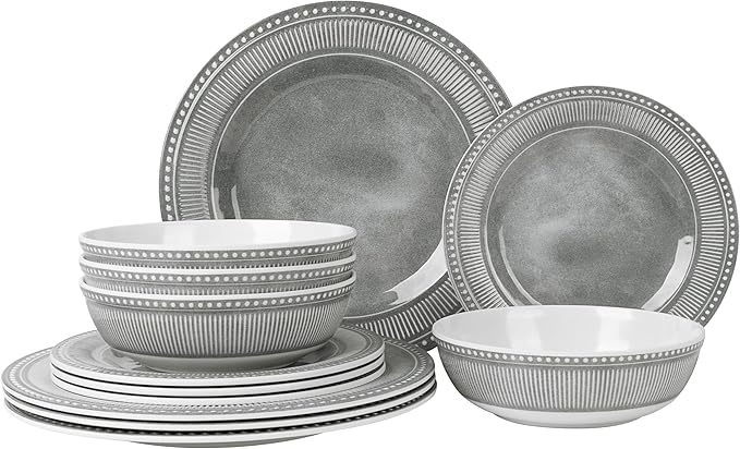 AELS Melamine Dinnerware Set of 12 Pcs, Dinner Dishes Set for Indoor and Outdoor Use, Melamine Plates and Bowls Set for 4, Dishwasher Safe, Lightweight Unbreakable, BPA Free, Gray
