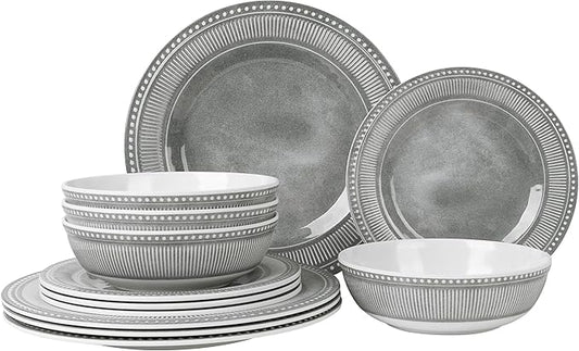 AELS Melamine Dinnerware Set of 12 Pcs, Dinner Dishes Set for Indoor and Outdoor Use, Melamine Plates and Bowls Set for 4, Dishwasher Safe, Lightweight Unbreakable, BPA Free, Gray