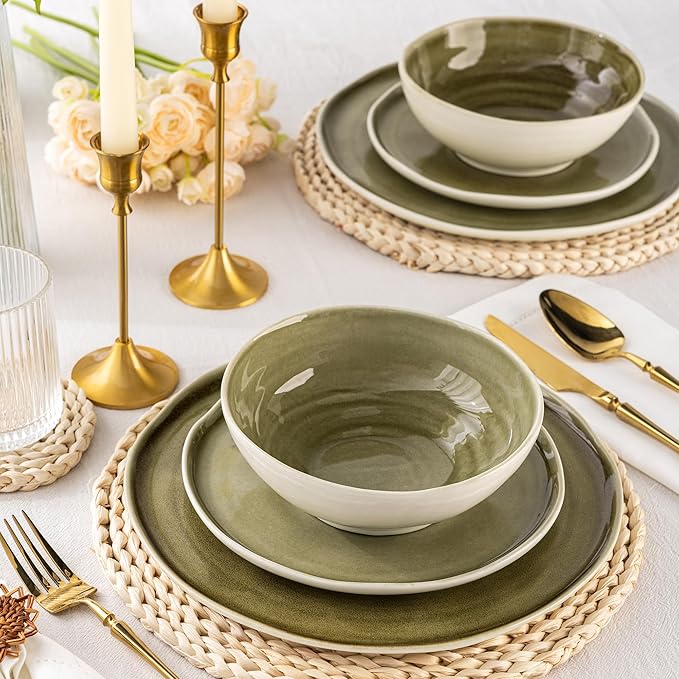 Leratio Ceramic Dinnerware Sets for 4,Porcelain Plates and Bowls Sets with Wavy Edge,Microwave & Dishwasher & Oven Safe,Light Weight & Scratch Resistant Dishes Sets-Service for 4 (12pcs)