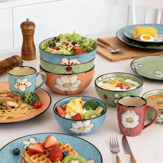 Stoneware 16-Piece Modern Dinnerware Set,Kitchen Plates Bowls and Mug Sets Serves 4,Dishwasher and Microwave Safe,4 colors (Service for 4(16Pcs))